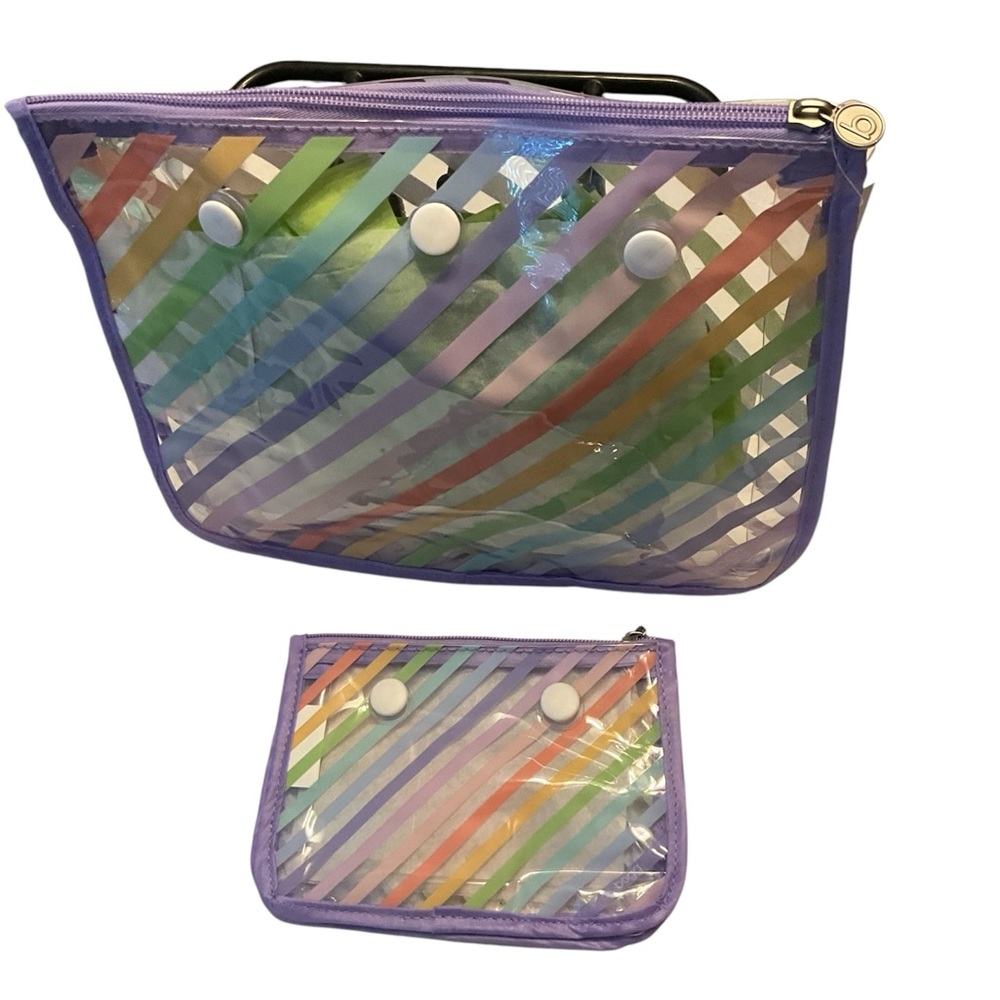 Rainbow Striped Cosmetic Bag Set with Purple Trim NWT